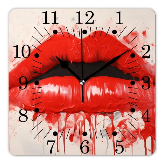10 Inch Wall Clock Battery Operated Square Clock for Office, Kitchen, Outdoor, Living Room,Kiss Red Lipstick Mark In The Shape of A He Expression Style
