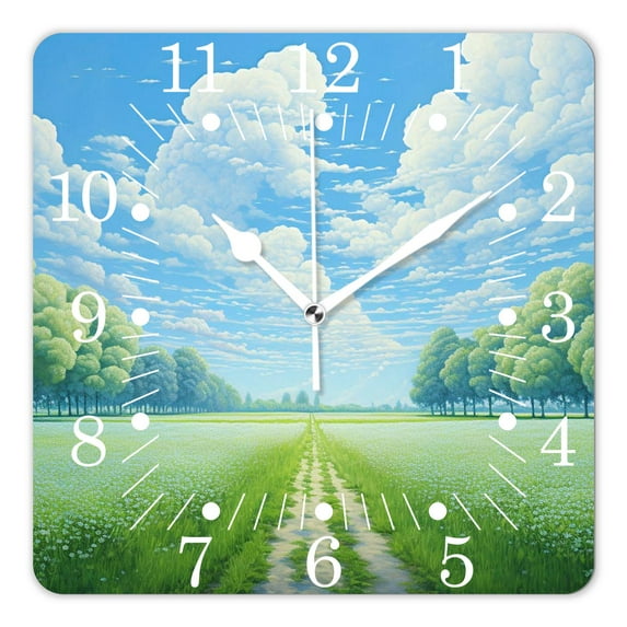 10 Inch Wall Clock Battery Operated Square Clock for Office, Kitchen, Outdoor, Living Room,Landscape Nature Outdoor Scene with Grassy Hill Summer Image