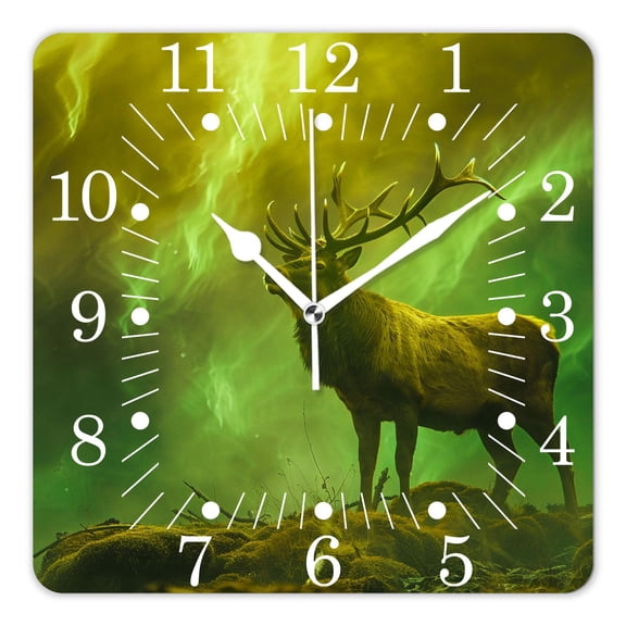 10 Inch Wall Clock Battery Operated Square Clock for Office, Kitchen, Outdoor, Living Room,Male Deer Antler In Northern Lights Aurora Galaxy Universe Charming