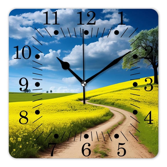 10 Inch Wall Clock Battery Operated Square Clock for Office, Kitchen, Outdoor, Living Room,Nature Rural Country Scenery with Field Landscape Green Picture