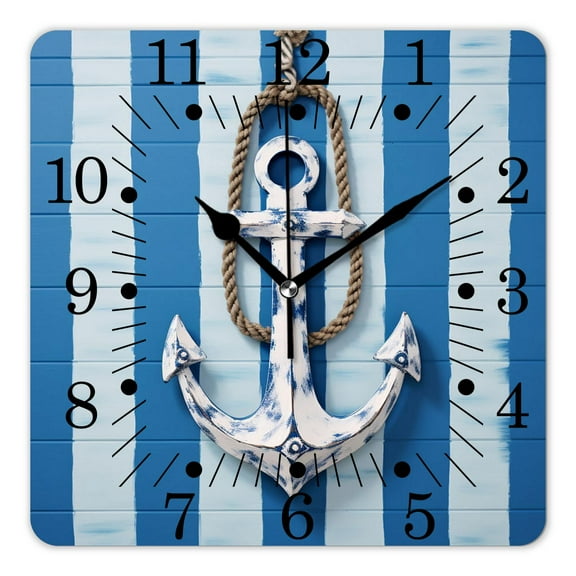 10 Inch Wall Clock Battery Operated Square Clock for Office, Kitchen, Outdoor, Living Room,Nautical Anchor with Rope on Turquoise Blue Grunge Wooden Print
