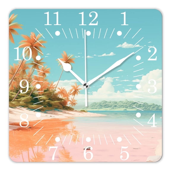 10 Inch Wall Clock Battery Operated Square Clock for Office, Kitchen, Outdoor, Living Room,Ocean Beach Palm Tree Blue Sky White Cloud Tropical Summer Beautiful