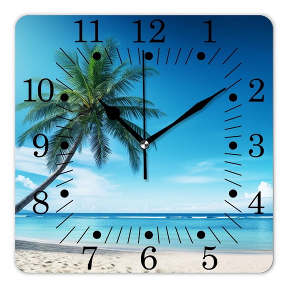 10 Inch Wall Clock Battery Operated Square Clock for Office, Kitchen, Outdoor, Living Room,Palm Tree on Blue Ocean Beach Bright Sunshine Summer Time Design Picture