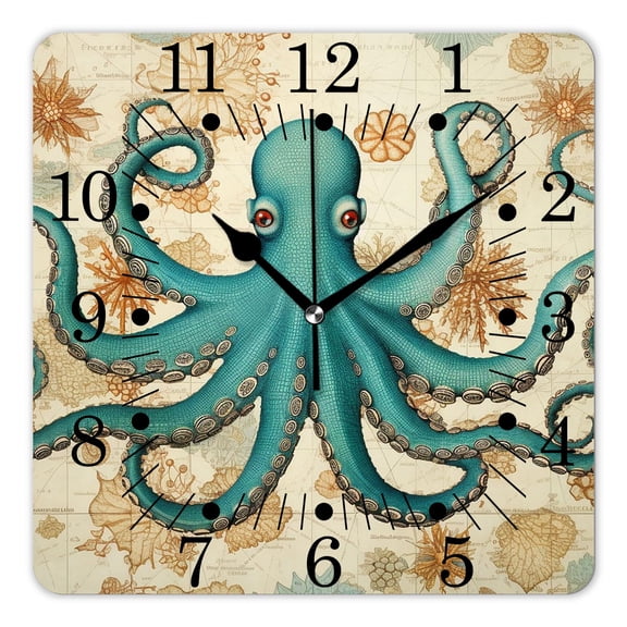10 Inch Wall Clock Battery Operated Square Clock for Office, Kitchen, Outdoor, Living Room,Vintage Nautical Map Octopus Starfish Aquatic Ocean Print Elegant