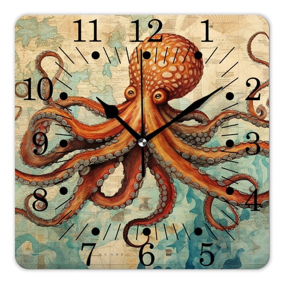 10 Inch Wall Clock Battery Operated Square Clock for Office, Kitchen, Outdoor, Living Room,Vintage Nautical Map Octopus Starfish Aquatic Ocean Print Pattern