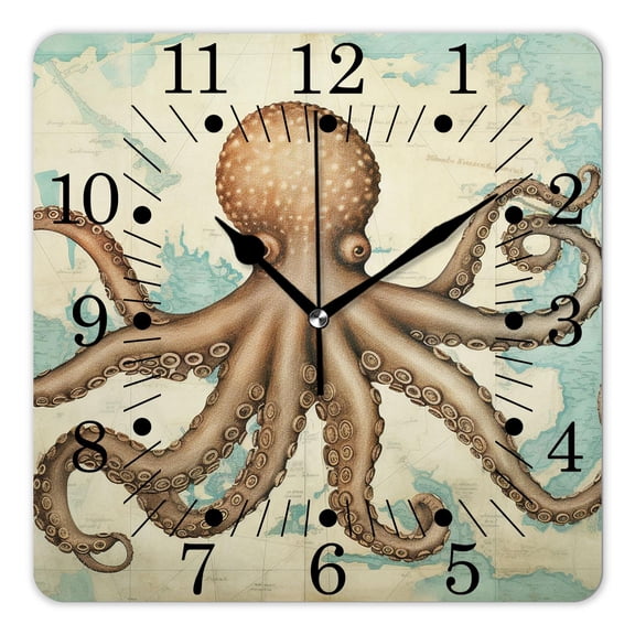 10 Inch Wall Clock Battery Operated Square Clock for Office, Kitchen, Outdoor, Living Room,Vintage Nautical Map Octopus Starfish Aquatic Ocean Print Print