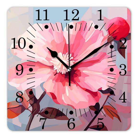 10 Inch Wall Clock Battery Operated Square Clock for Office, Kitchen, Outdoor, Living Room,Warm Colored Flower Design with Vibrant Leaves Spring Multicolor