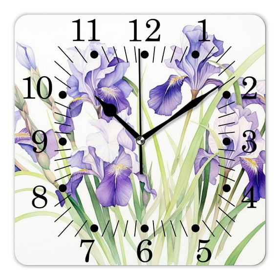10 Inch Wall Clock Battery Operated Square Clock for Office, Kitchen, Outdoor, Living Room,Watercolor Iris Flower Summer Flowers Floral Print Beautiful