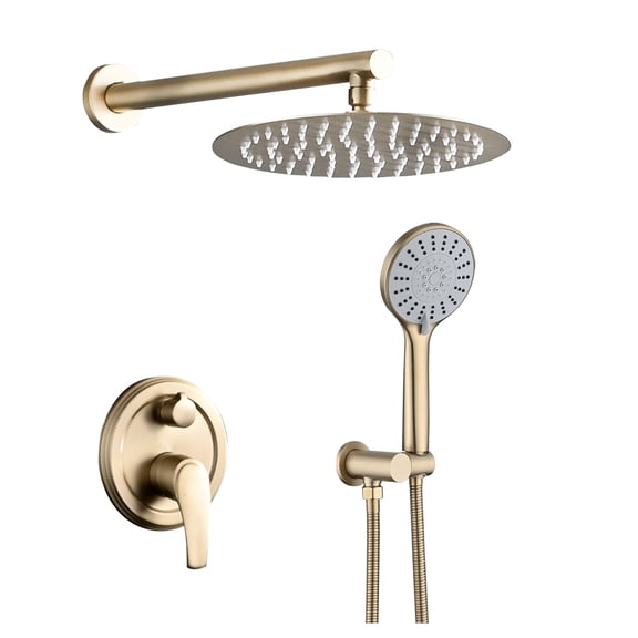 10 Inch Wall Mount Shower System - High Pressure Rain Shower Head & 5-Function Handheld - Brushed Brass Finish