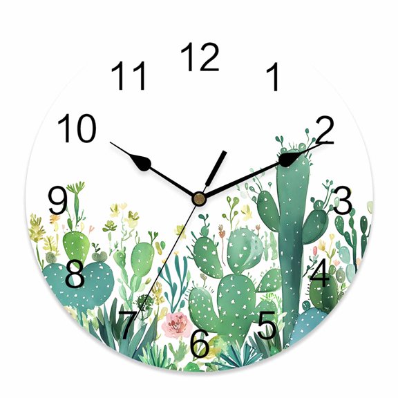 10 Inch Watercolor Cactus Wall Clock, Hand Painted Flowers Retro Battery Operated Silent Non Ticking Clocks, Easy to Read Round Wall Clock for Kitchen/Living Room/Bedroom/Bathroom