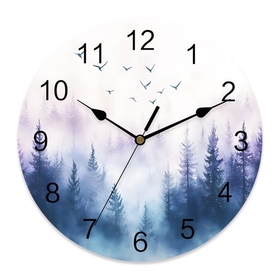 10 Inch Watercolor Style Forest Wall Clock, Silhouette Tree Bird Battery Operated Silent Non Ticking Clocks, Easy to Read Round Wall Clock for Kitchen/Living Room/Bedroom/Bathroom
