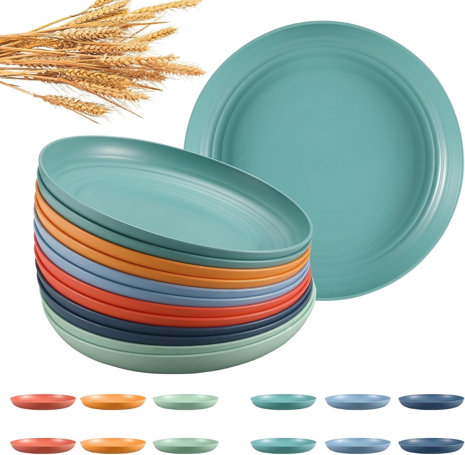 10 Inch Wheat Straw Plates, 12 Pcs Unbreakable Dinner Set, BPA Free, Microwave & Dishwasher Safe, Eco-Friendly, 6 Colors, Lightweight