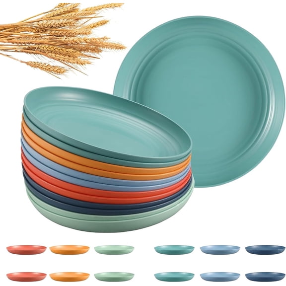 10 Inch Wheat Straw Plates, 12 Pcs Unbreakable Dinner Set, BPA Free, Microwave & Dishwasher Safe, Eco-Friendly, 6 Colors, Lightweight