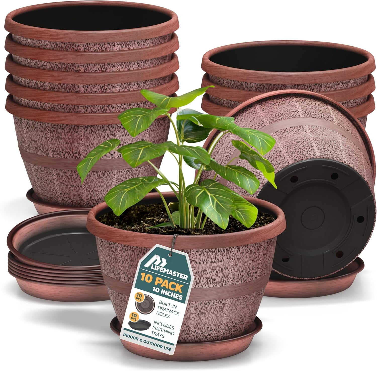 10-Inch Whiskey Barrel Planters Outdoor Pack of 10 - Durable Plastic Plant Pots for Indoor & Outdoor Use with Drainage & Saucer, Lightweight Rustic Barrel Planters for Flowers, Herbs & Small Plants