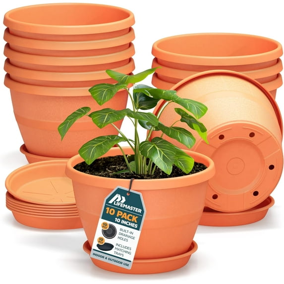 10-Inch Whiskey Barrel Planters Outdoor Pack of 10 - Durable Plastic Plant Pots for Indoor & Outdoor Use with Drainage & Saucer, Lightweight Rustic Barrel Planters for Flowers, Herbs & Small Plants