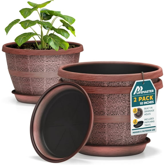 10-Inch Whiskey Barrel Planters Outdoor Pack of 2 - Durable Plastic Plant Pots for Indoor & Outdoor Use with Drainage & Saucer, Lightweight Rustic Barrel Planters for Flowers, Herbs & Small Plants
