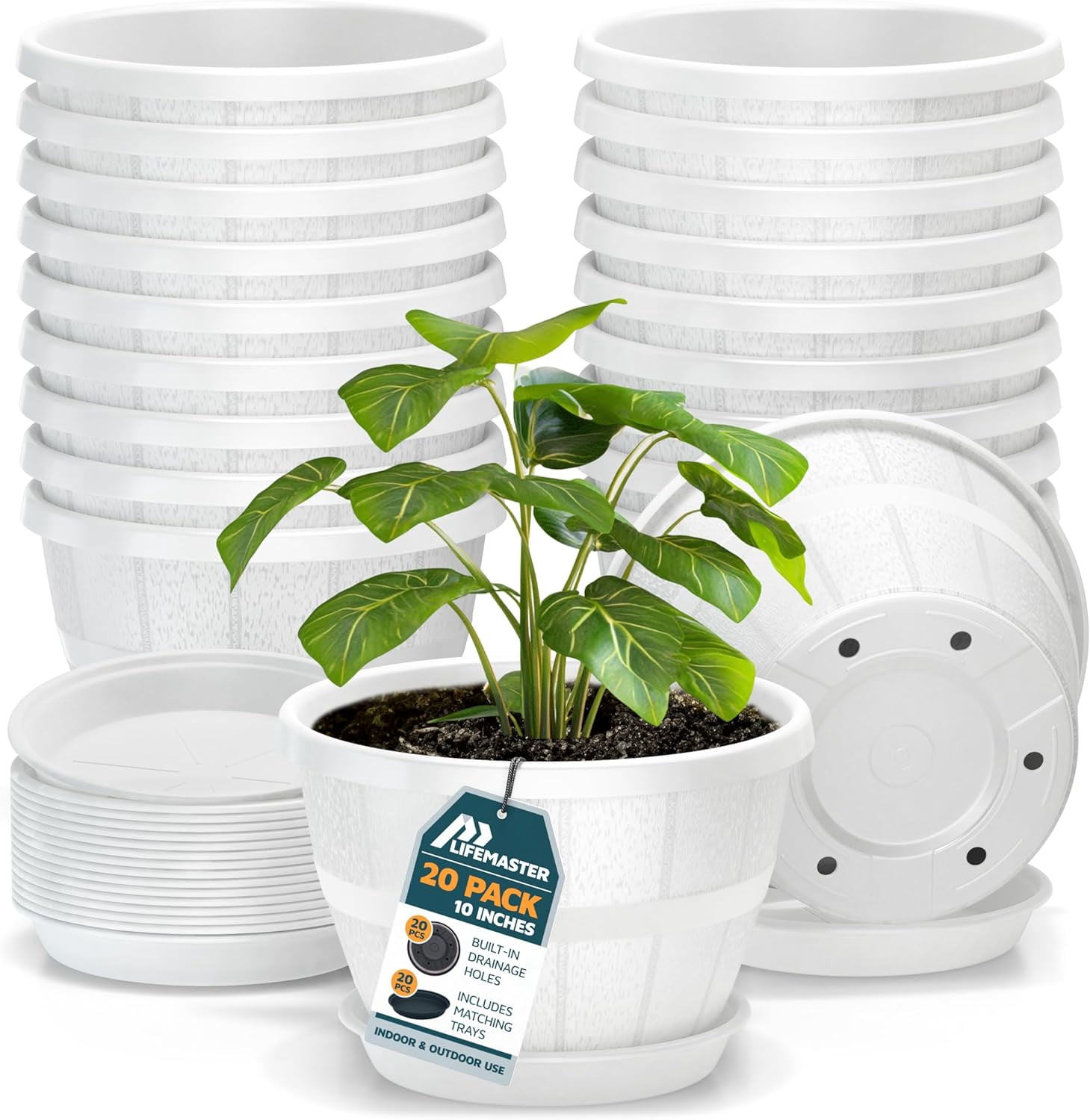 10-Inch Whiskey Barrel Planters Outdoor Pack of 20 - Durable Plastic Plant Pots for Indoor & Outdoor Use with Drainage & Saucer, Lightweight Rustic Barrel Planters for Flowers, Herbs & Small Plants