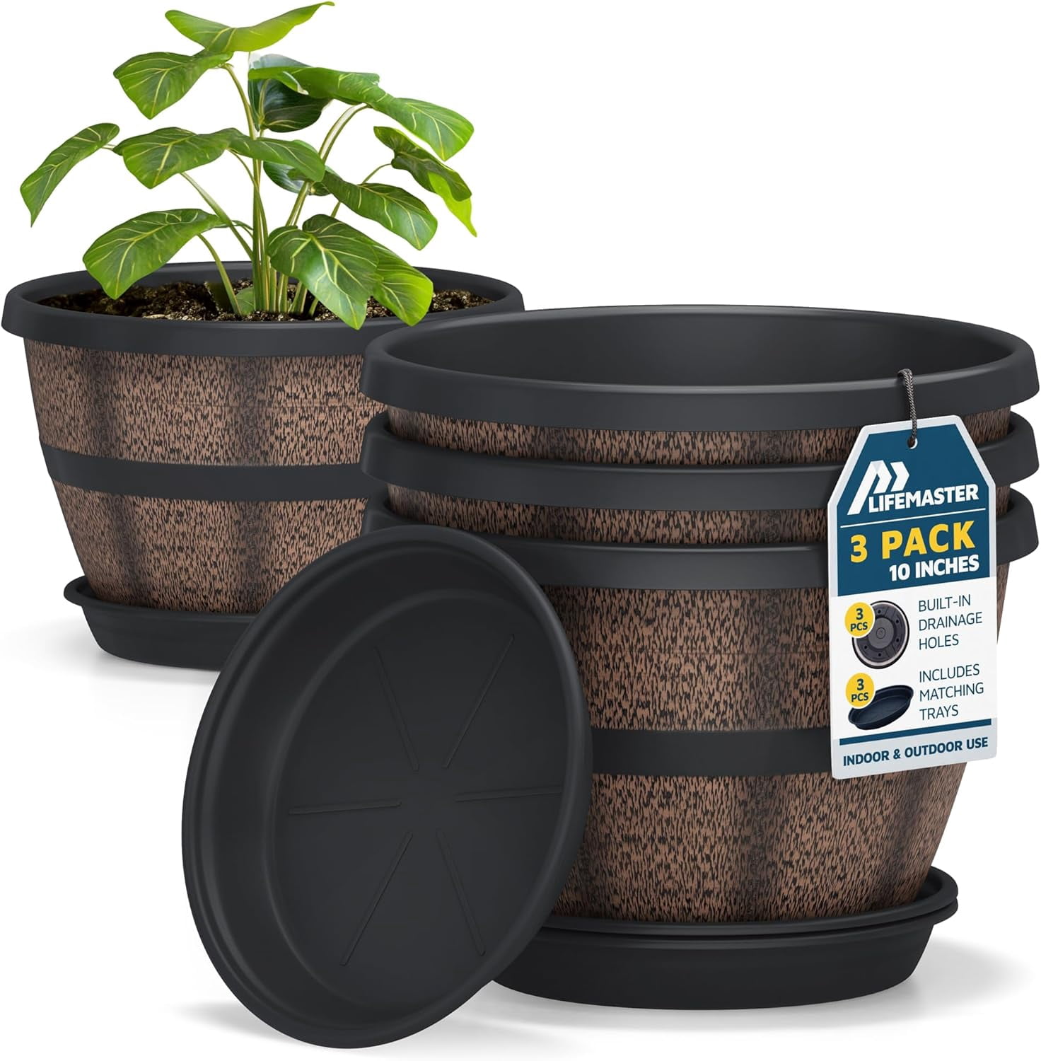 10-Inch Whiskey Barrel Planters Outdoor Pack of 3 - Durable Plastic Plant Pots for Indoor & Outdoor Use with Drainage & Saucer, Lightweight Rustic Barrel Planters for Flowers, Herbs & Small Plants
