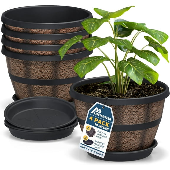 10-Inch Whiskey Barrel Planters Outdoor Pack of 4 - Durable Plastic Plant Pots for Indoor & Outdoor Use with Drainage & Saucer, Lightweight Rustic Barrel Planters for Flowers, Herbs & Small Plants