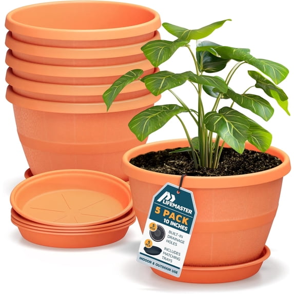 10-Inch Whiskey Barrel Planters Outdoor Pack of 5 - Durable Plastic Plant Pots for Indoor & Outdoor Use with Drainage & Saucer, Lightweight Rustic Barrel Planters for Flowers, Herbs & Small Plants