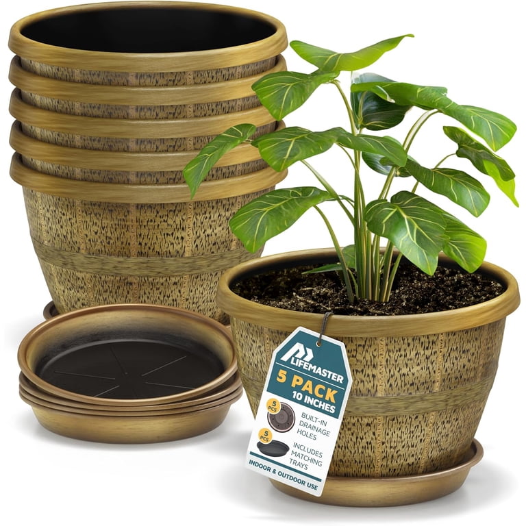LIFEMASTER 10-Inch Whiskey Barrel Planters Outdoor Pack of 5 - Durable Plastic Plant Pots for Indoor & Outdoor Use with Drainage & Saucer, Lightweight