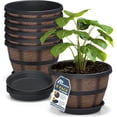 thumbnail image 1 of 10-Inch Whiskey Barrel Planters Outdoor Pack of 6 - Durable Plastic Plant Pots for Indoor & Outdoor Use with Drainage & Saucer, Lightweight Rustic Barrel Planters for Flowers, Herbs & Small Plants, 1 of 4