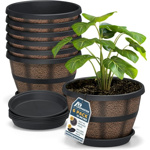 10-Inch Whiskey Barrel Planters Outdoor Pack of 6 - Durable Plastic Plant Pots for Indoor & Outdoor Use with Drainage & Saucer, Lightweight Rustic Barrel Planters for Flowers, Herbs & Small Plants