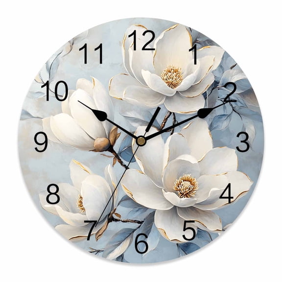 10 Inch White Magnolia Wall Clock, Farmhouse Flowers Floral Retro Background Battery Operated Silent Non Ticking Clocks, Easy to Read Round Wall Clock for Kitchen/Living Room/Bedroom/Bathroom