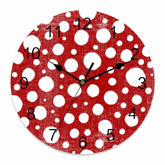 10 Inch White Polka Dots Wall Clock, Retro Dark Red Spotted Texture Background Battery Operated Silent Non Ticking Clocks, Easy to Read Round Wall Clock for Kitchen/Living Room/Bedroom/Bathroom