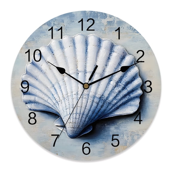 10 Inch White Shell Wall Clock, Ocean Seashell Simple Oil Painting Realistic Battery Operated Silent Non Ticking Clocks, Easy to Read Round Wall Clock for Kitchen/Living Room/Bedroom/Bathroom