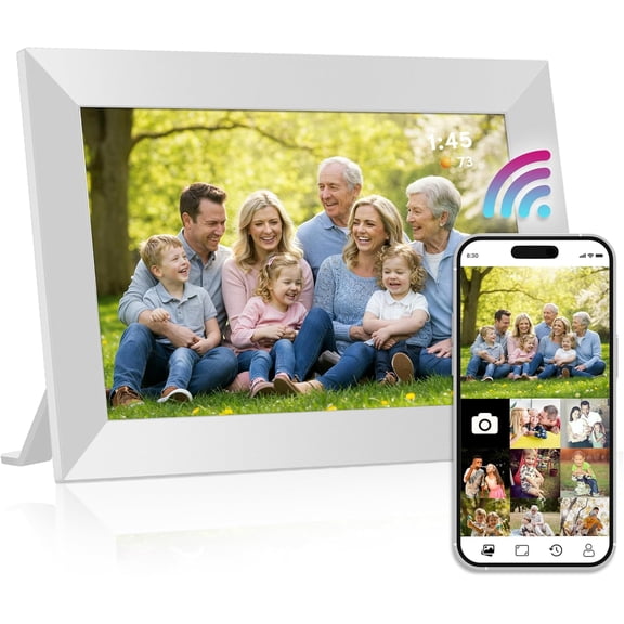 10 Inch Wi-Fi Digital Picture Frame with Video Playback - 32GB Smart Photo Frame, Touchscreen Display, Clock, Calendar, Weather Forecast, Built-in Speaker - White