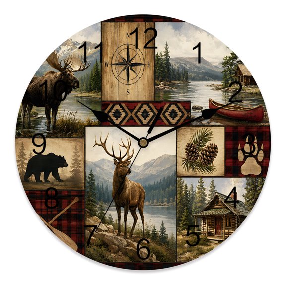 10 Inch Wilderness Wall Clock, Rustic Brown Patchwork Cabin Wildlife Bear Elk Pinecone Battery Operated Silent Non Ticking Clocks, Easy to Read Round Wall Clock for Kitchen/Living Room/Bedroom