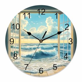 10 Inch Window On The Ocean Wall Clock, Wave Cloud Summer Scenery Battery Operated Silent Non Ticking Clocks, Easy to Read Round Wall Clock for Kitchen/Living Room/Bedroom/Bathroom