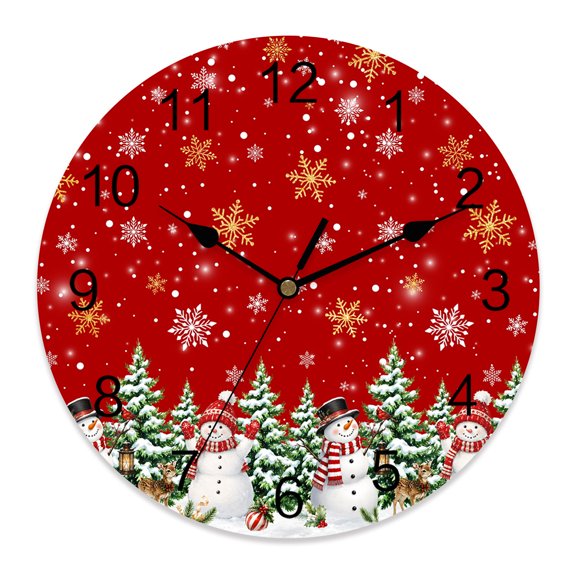 10 Inch Winter Snowman Wall Clock, Cottagecore Christmas Pine Tree Snowflake Red Battery Operated Silent Non Ticking Clocks, Easy to Read Round Wall Clock for Kitchen/Living Room/Bedroom/Bathroom