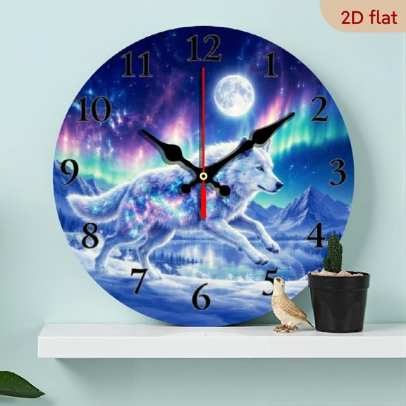 10 Inch Wolf Moonlight Aurora Wooden Wall Clock, Silent Non-Ticking Decor for Kitchens, Cafes, Ideal Gift for Valentine' s, Easter, Ramadan (Battery Not Included)