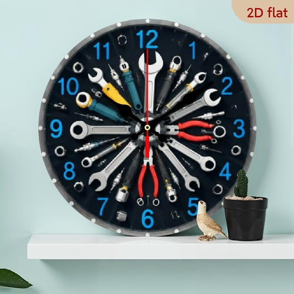 10 Inch Wood Wall Clock with Tool Theme Design - Silent, Flat Top, AA Battery Powered, Easy to Read, No Ticking, Farmhouse Style Home Decor, Suitable for Kitchen, Bedroom