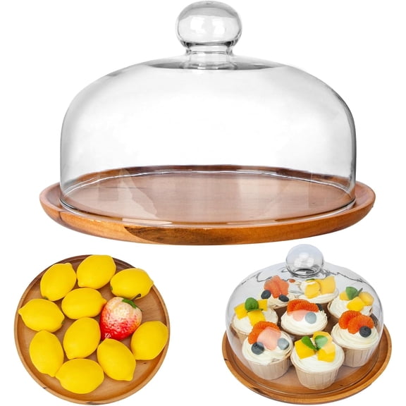10 Inch Wooden Base Cake Display Stand with Glass Dome,Cloche Clear Glass Bell Jar Cover for Dessert Cheese Candy Plants Succulents