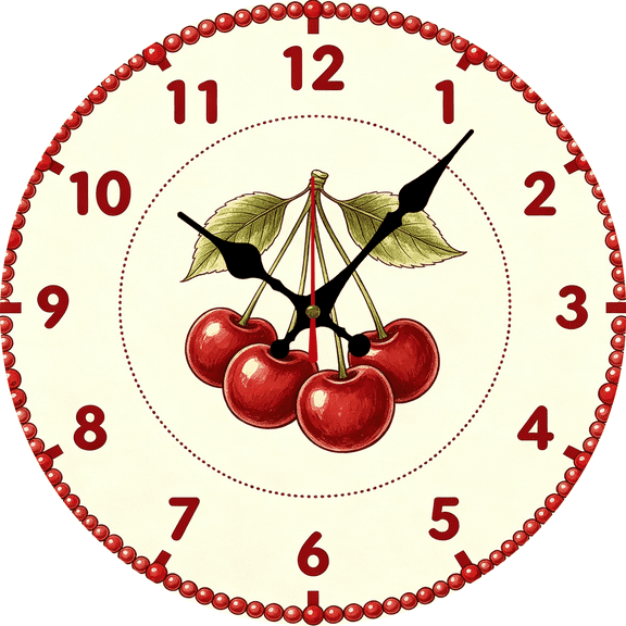 10 Inch Wooden Cherry Clock,Round Decorative Kitchen Wall Clock Silent Non-Ticking Quartz Clock, Charming Fruit Botanical Home Wall Decoration