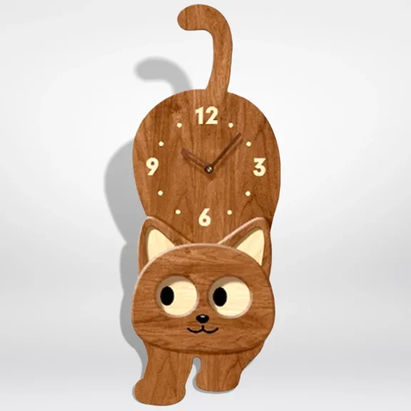 10 Inch Wooden Cute Cat Wall Clock Moving Eyes Analog Clock for Room Decor