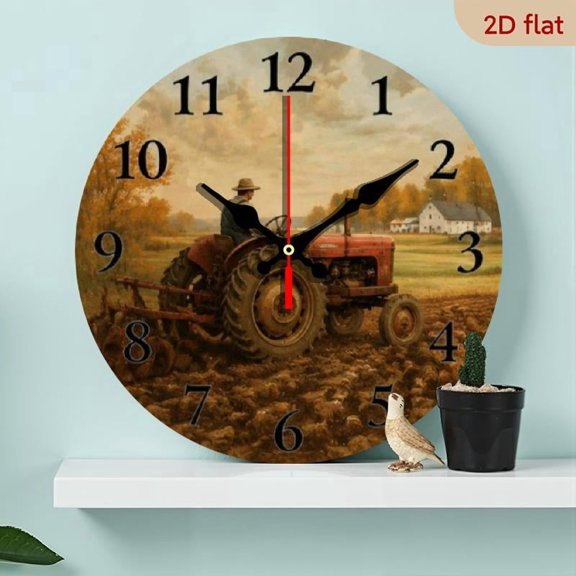 10 Inch Wooden Farm Tractor & Pumpkin Silent Wall Clock, Spring Decor, Easter, Labor Day Gifts for Living Room, Bedroom, Home Decor (Aa Batteries Not Included)