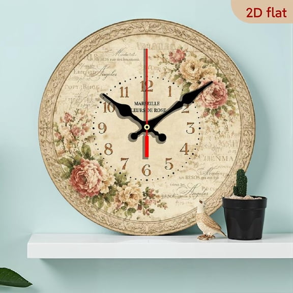 10 Inch Wooden French Marseille Rose Bouquet Wall Clock, Silent Quartz Movement for Room Decoration, Elegant Flower Lover Gift (No Battery)