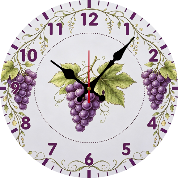 10 Inch Wooden Grape Clock,Round Decorative Kitchen Wall Clock Silent Non-Ticking Quartz Clock, Charming Fruit Botanical Home Wall Decoration