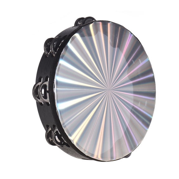 10 Inch Wooden Radiant Tambourine Handbell Hand Drum with Double Row Jingles Reflective Drum Head Musical Percussion Instrument