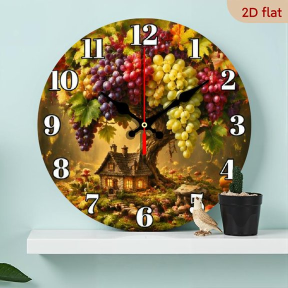 10 Inch Wooden Retro Grape Fruit Design Decorative Wall Clock, Quiet Classical, Silent Operation, for Living Room, Bedroom, Kitchen, Office, Home Art Decor Accent, Excellent Holiday & Birthday