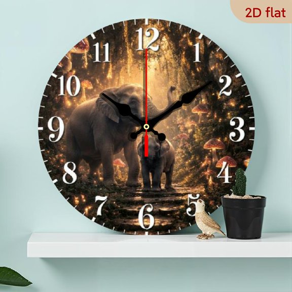10-Inch Wooden Silent Wall Clock with Elephant Family Forest Print, Perfect for Living Room, Bedroom, Home Decor, Thoughtful Gift for Easter, Ramadan, Valentine' s Day (Batteries Not Included)