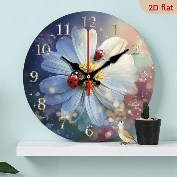 10 Inch Wooden Silent Wall Clock- Print Round Clock, Modern Retro Country Style Ladybug Floral Wall Clock, Suitable for Living Room, Bedroom Home Decoration, Birthday, Halloween