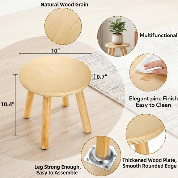 10 Inch Wooden Step Stool, Solid Round Sitting Stool, 4-Legged Foot Rest for Playroom, Kitchen, Bedroom