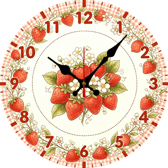 10 Inch Wooden Strawberry Clock,Round Decorative Kitchen Wall Clock Silent Non-Ticking Quartz Clock, Charming Fruit Botanical Home Wall Decoration