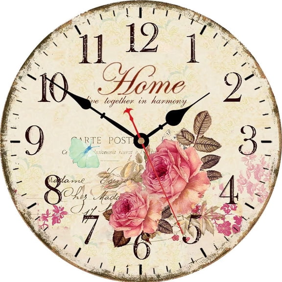 10 Inch Wooden Wall Clock Art Hanging Clocks Silent Non-Ticking Wall Clock Battery Operated Round Home Flowers Style Arabic Numeral Decorative Wall Clocks