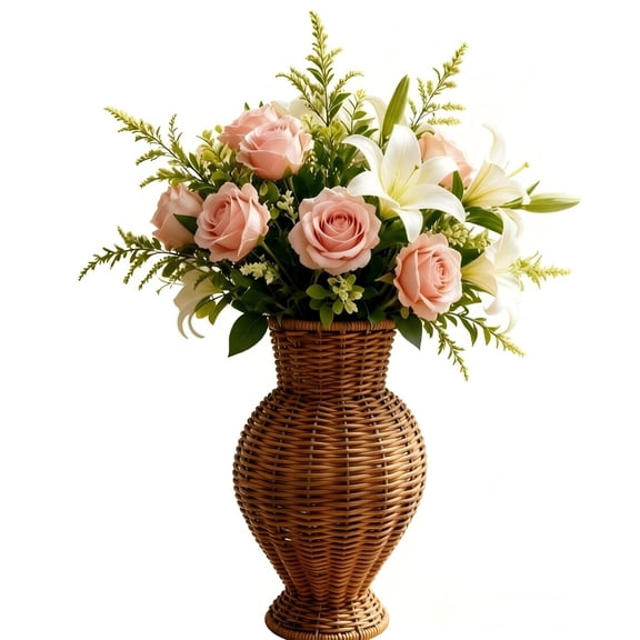 10-Inch Woven Faux Rattan Vase, Brown Decorative Gourd Shape Vase for Dried & Faux Botanicals, Boho Beach Home Decor for Living Room Entryway